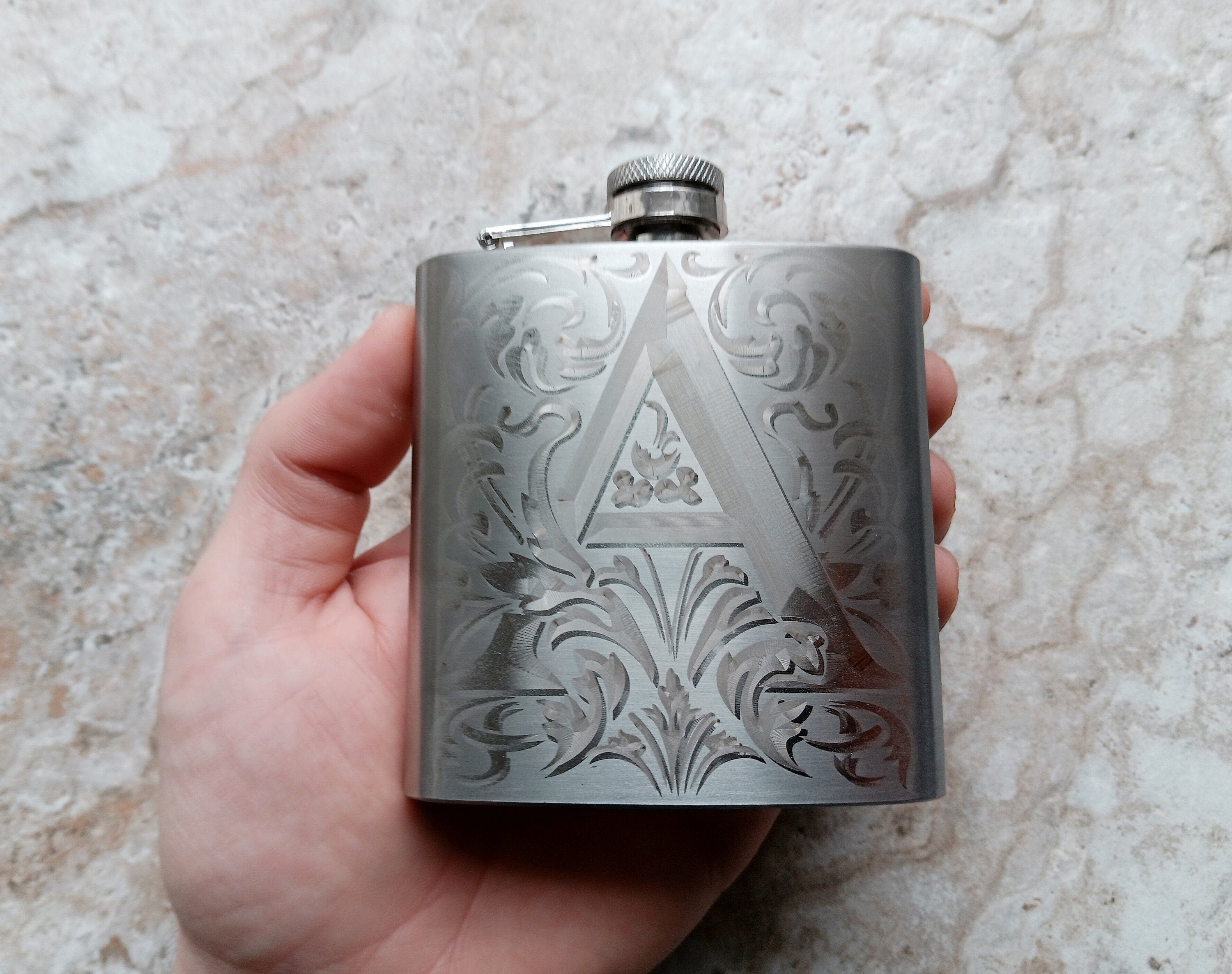 Custom Engraved Flask and Funnel Set Stainless Steel 6 oz Hip Liquor Beverage Holder Vintage Antique Style Floral Monogram Text Great Gift